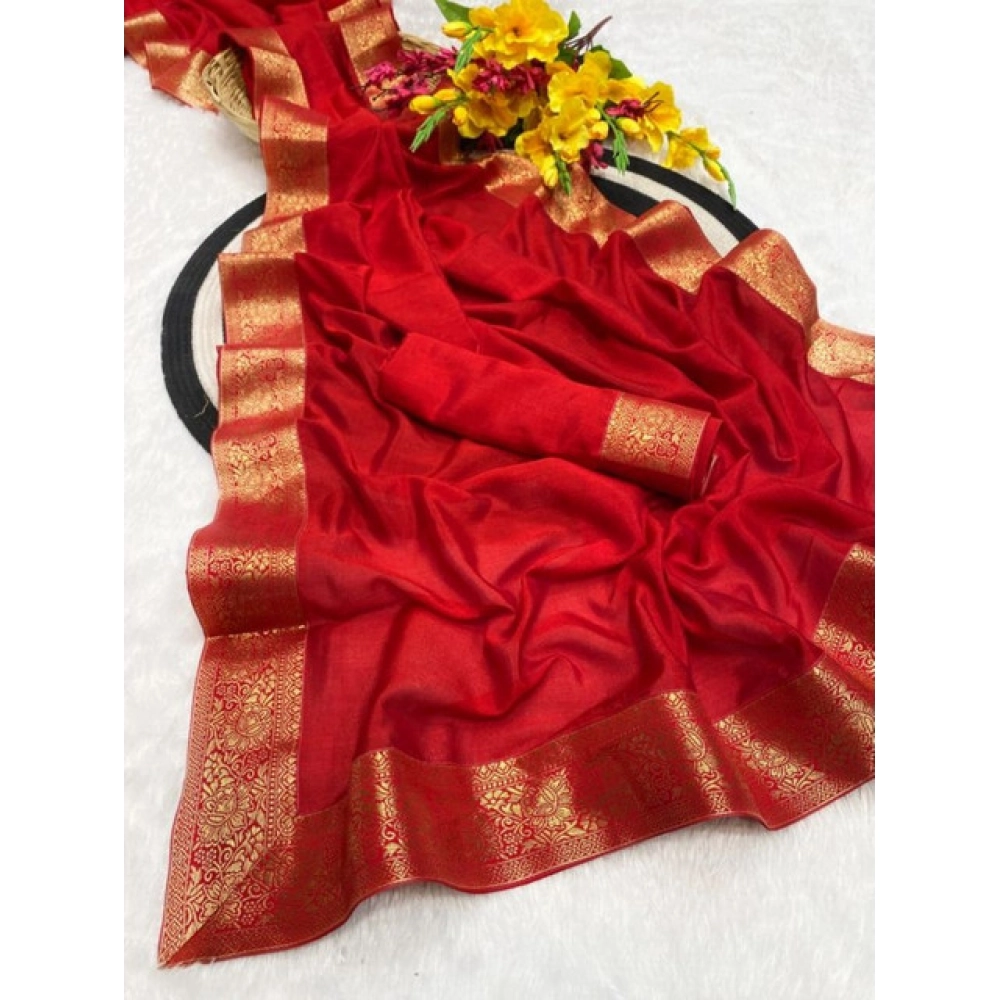 Generic Women's Vichitra Silk Printed Saree With Unstitched Blouse 5.5MtrĀ (Red) - Image 2