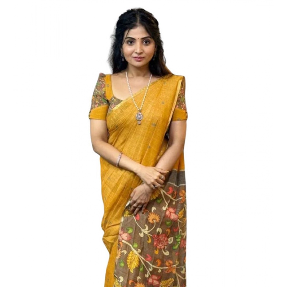 Generic Women's Linen Printed Saree With Unstitched Blouse 5.5MtrĀ (Mustard)