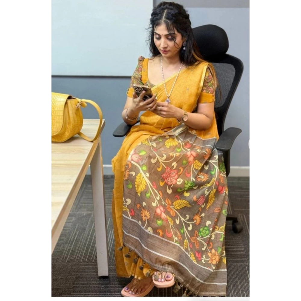 Generic Women's Linen Printed Saree With Unstitched Blouse 5.5MtrĀ (Mustard) - Image 3