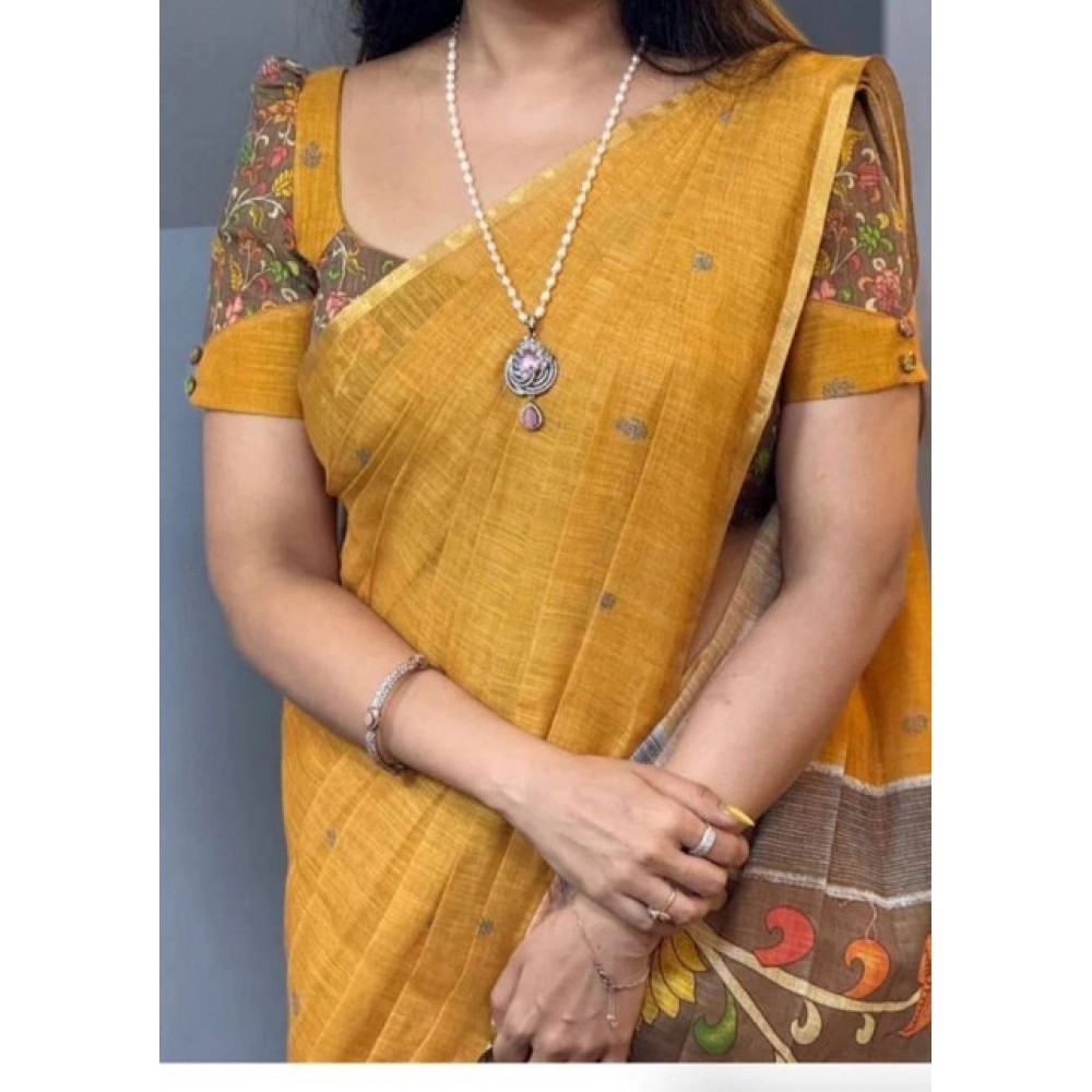 Generic Women's Linen Printed Saree With Unstitched Blouse 5.5MtrĀ (Mustard) - Image 2